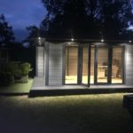 Garden Office At Night With External Lighting Side Front Step Back Cheek